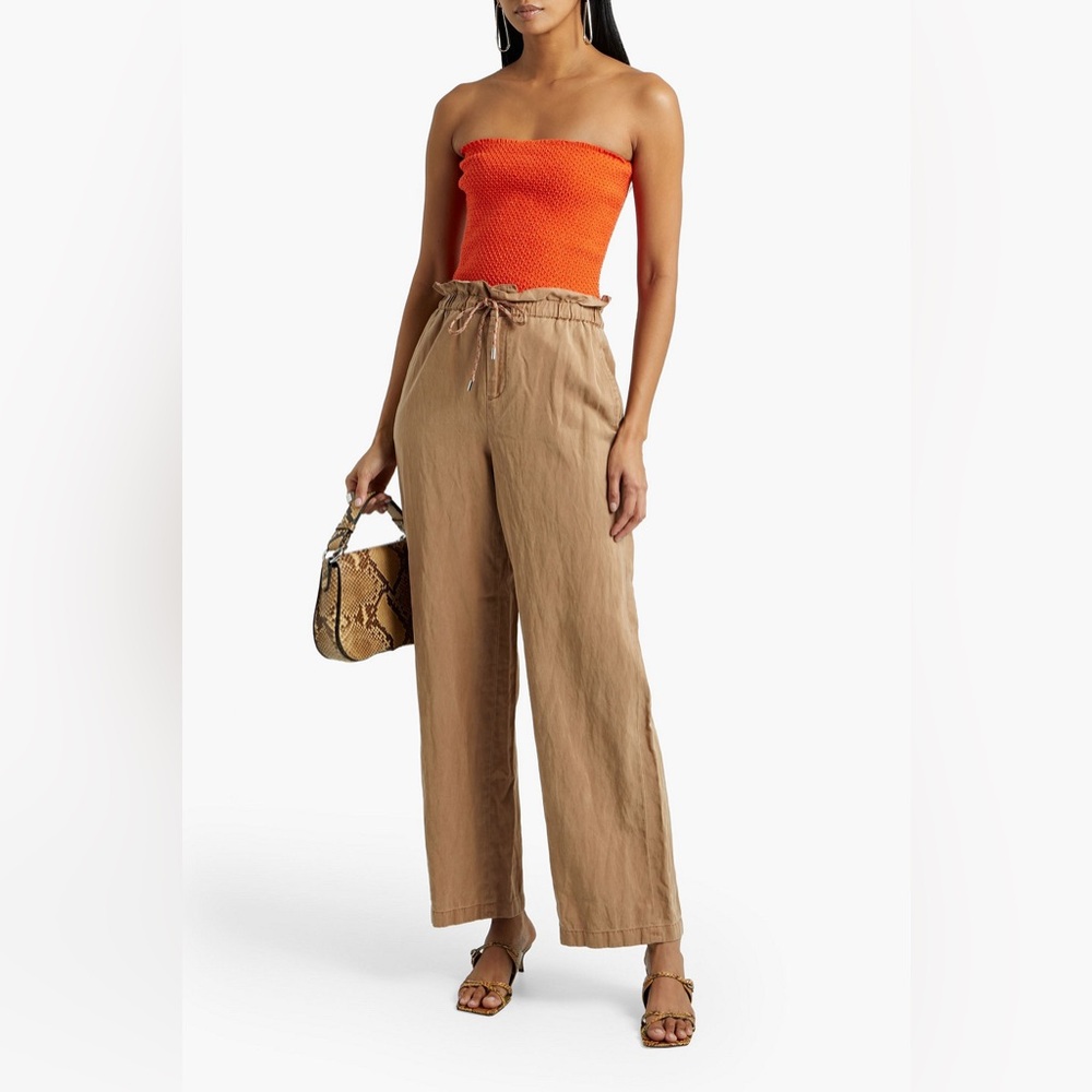 ALICE + OLIVIA Woman Penelope Cropped Strapless Smocked Linen-blend